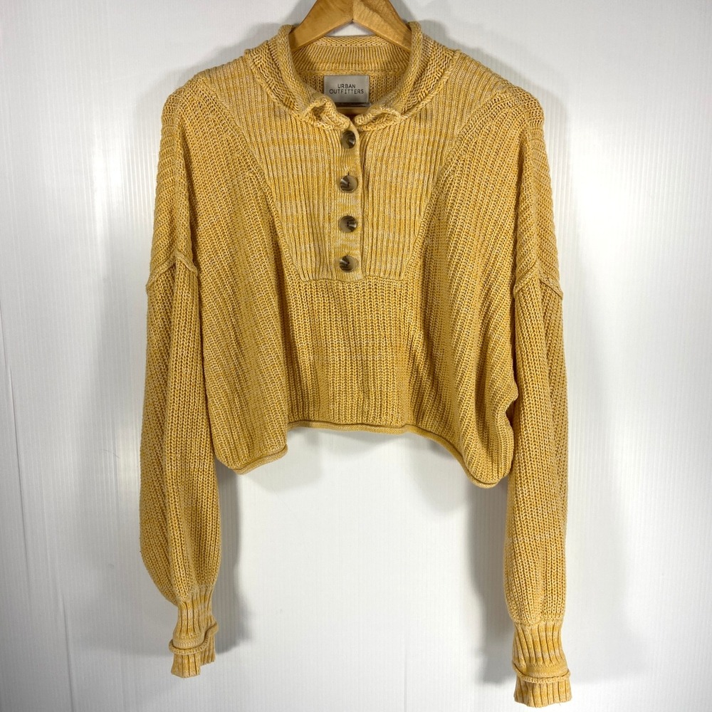 Urban Outfitters Yellow Knit Cropped Henley Long Sleeve Sweater Womens Medium‎